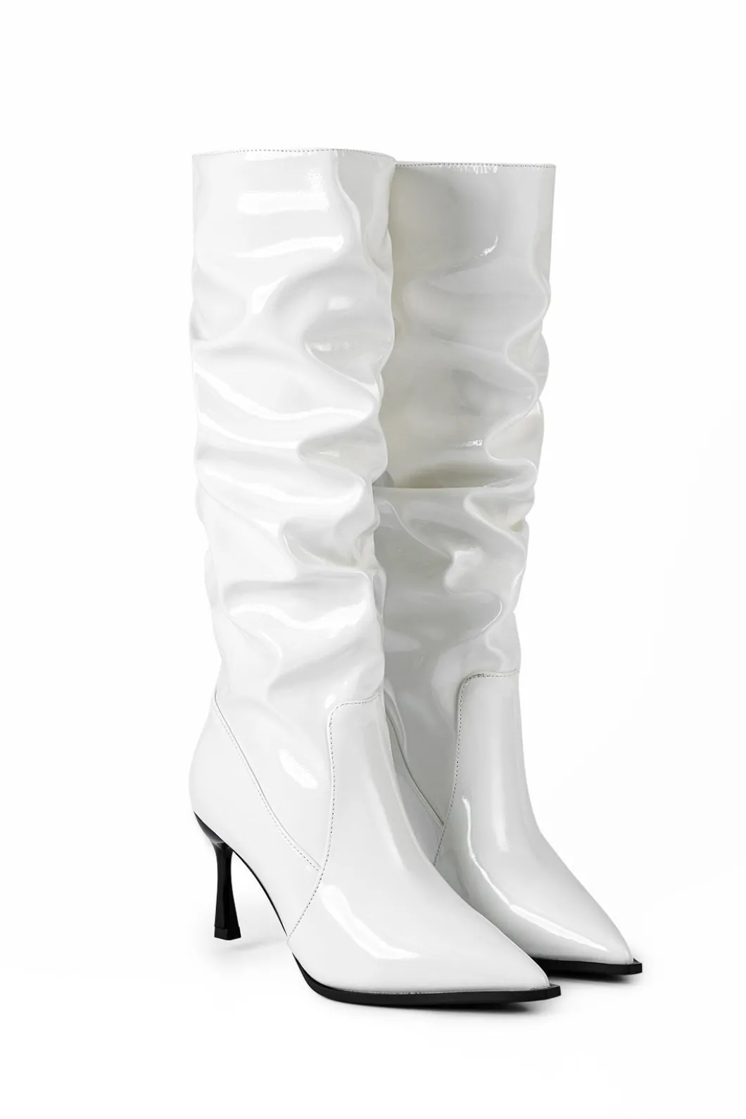 Faux Leather Ruched Pointed Toe Knee High Boots>MICAS New