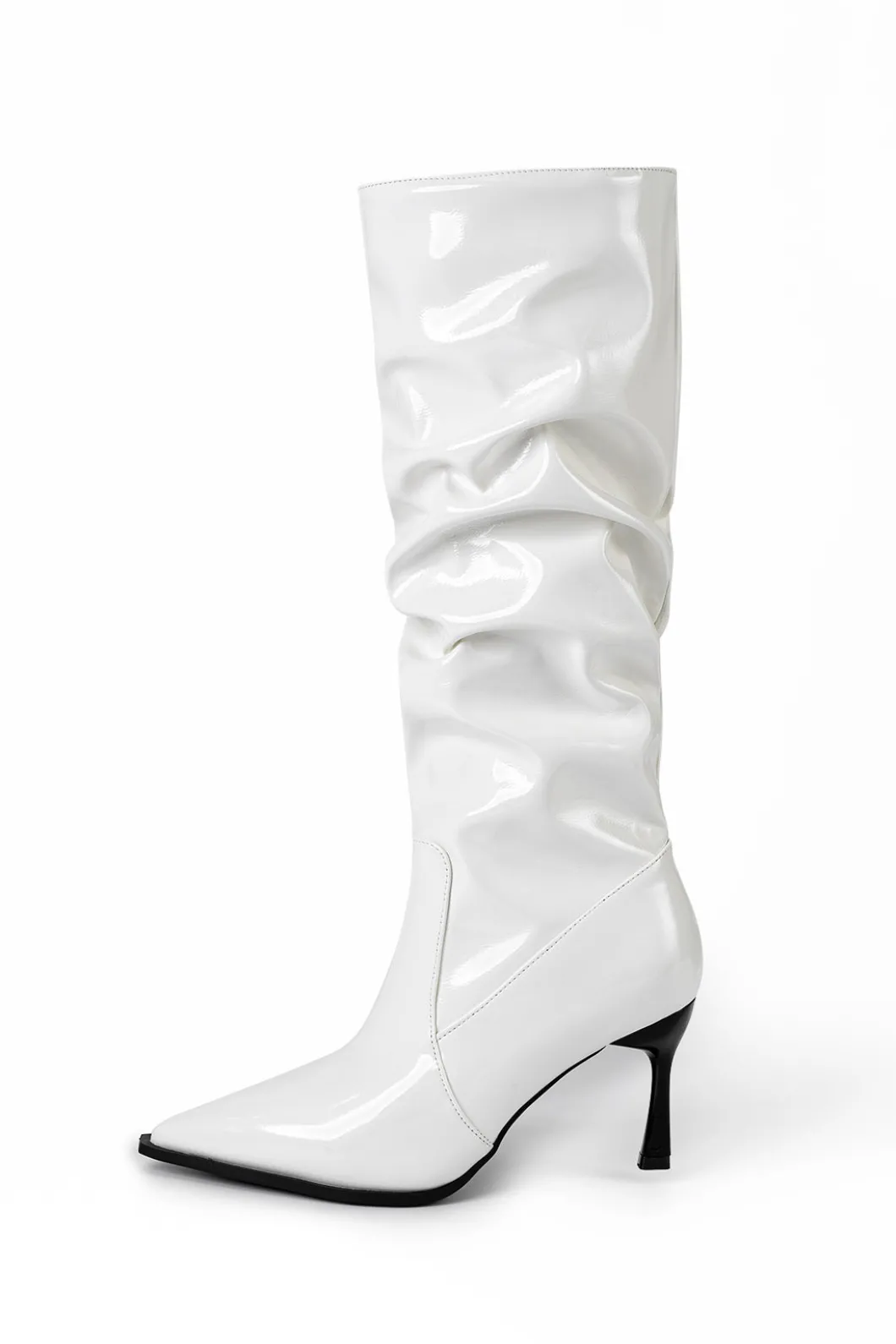 Faux Leather Ruched Pointed Toe Knee High Boots>MICAS New