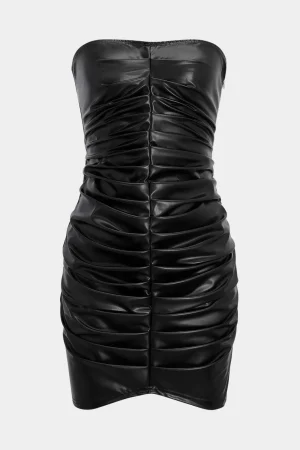 Faux Leather Ruched Strapless Sleeveless Mini Dress>MICAS Discount