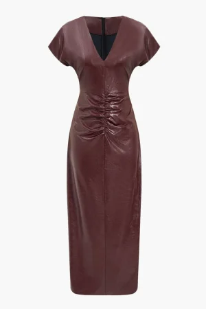 Faux Leather Ruched V-Neck Midi Dress>MICAS Outlet
