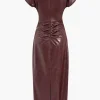 Faux Leather Ruched V-Neck Midi Dress>MICAS Outlet