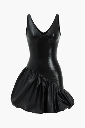 Faux Leather Ruched V-Neck Asymmetrical Mini Dress>MICAS Outlet
