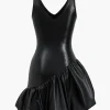 Faux Leather Ruched V-Neck Asymmetrical Mini Dress>MICAS Outlet