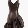 Faux Leather Ruched V-Neck Asymmetrical Mini Dress>MICAS Outlet