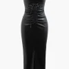 Faux Leather Strapless Drawstring Split Midi Dress>MICAS Sale
