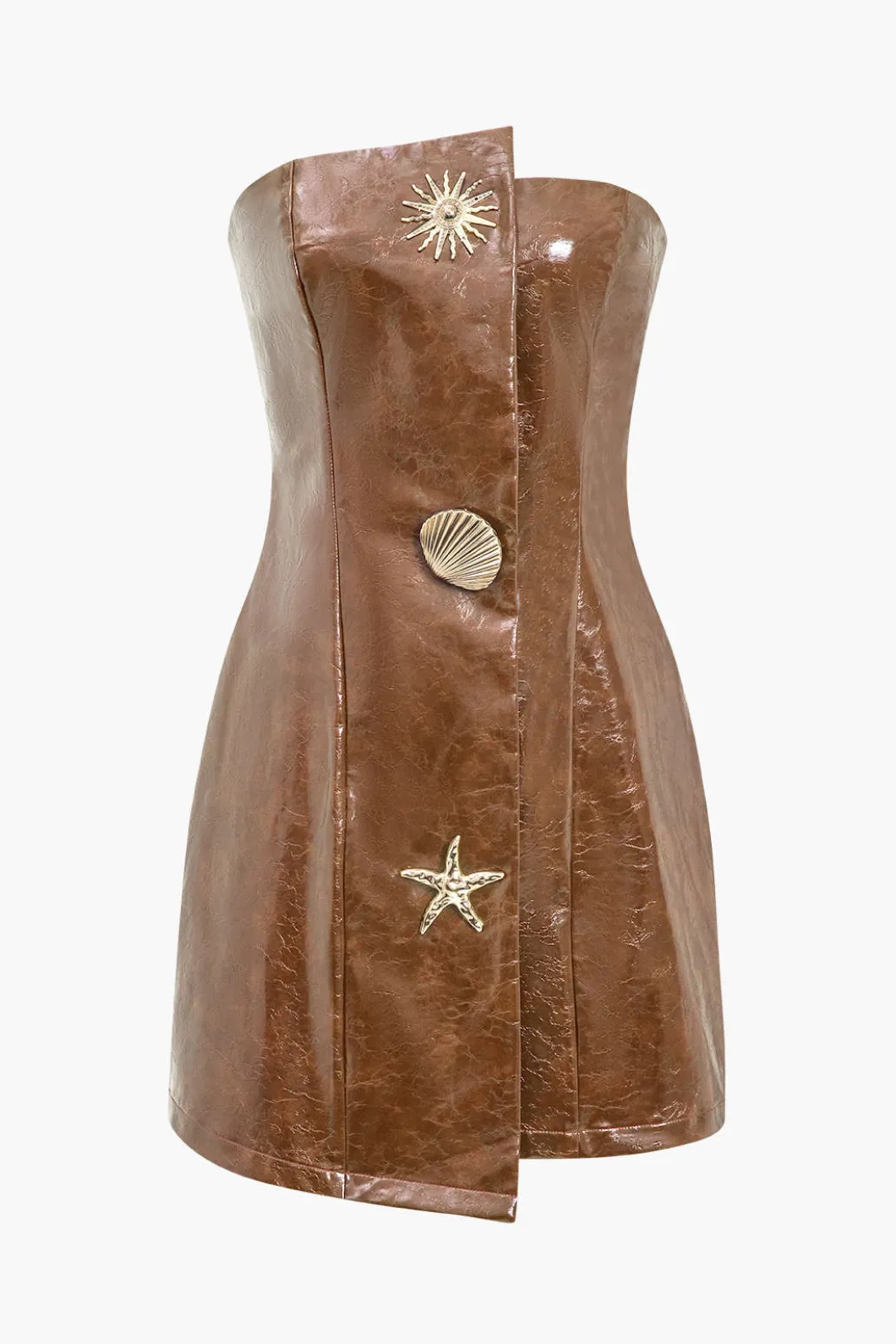 Faux Leather Strapless Mini Dress With Shell Embellishments>MICAS Clearance