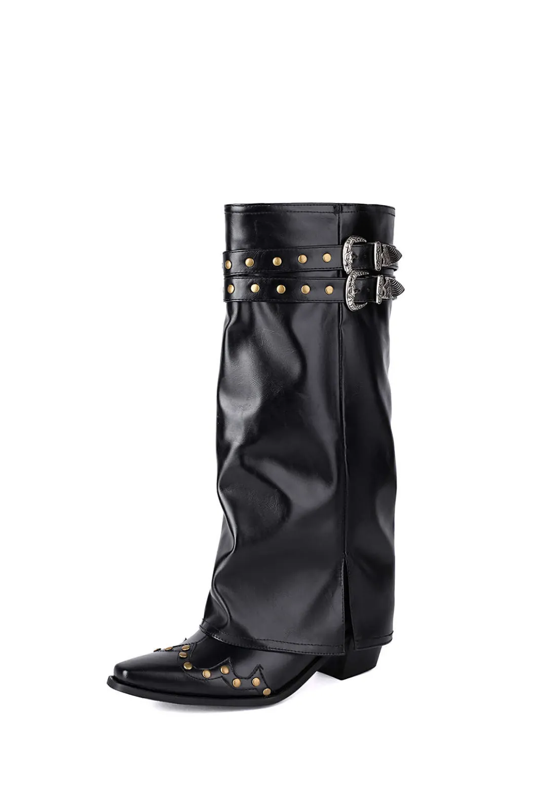 Faux Leather Studded Pointed Toe Mid Calf Boots>MICAS Discount