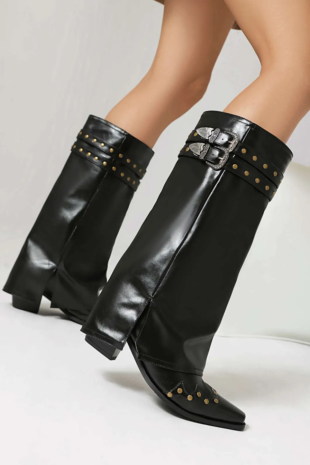 Faux Leather Studded Pointed Toe Mid Calf Boots>MICAS Discount