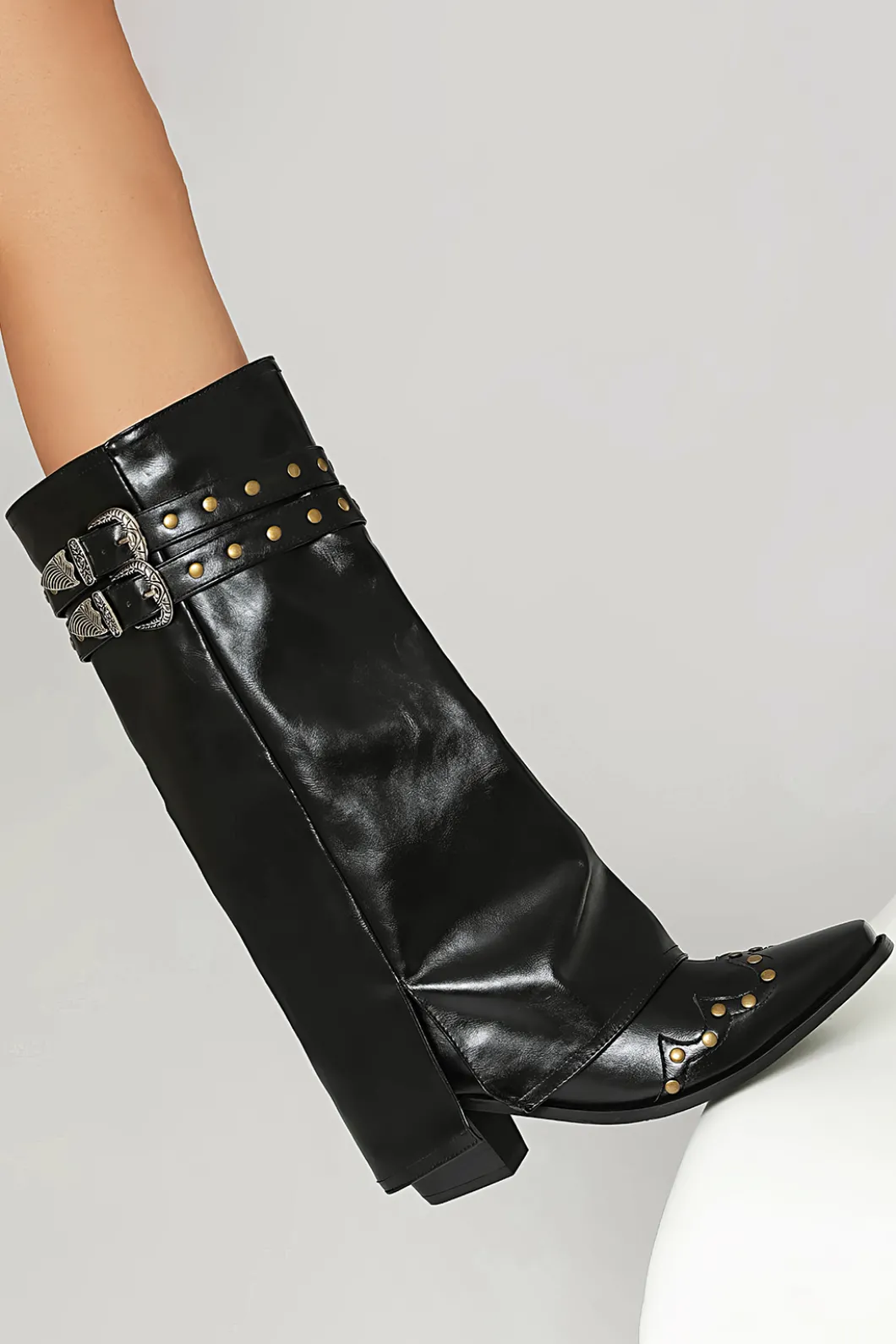 Faux Leather Studded Pointed Toe Mid Calf Boots>MICAS Discount