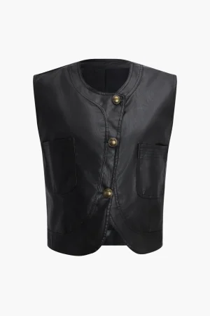 Faux Leather Vest With Pocket And Button>MICAS Hot