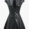 Faux Leather V-Neck Mini Dress With Fake Pockets>MICAS Discount