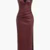 Faux Leather V-neck Ruched Maxi Dress>MICAS Fashion