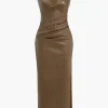 Faux Leather V-neck Ruched Maxi Dress>MICAS Fashion