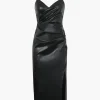 Faux Leather V-Neck Ruched Slit Midi Dress>MICAS Best