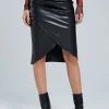 Faux Leather Wrap Ruched Midi Skirt>MICAS Outlet