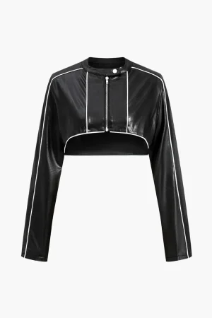 Faux Leather Zipper Detail Contrast Binding Jacket>MICAS Best