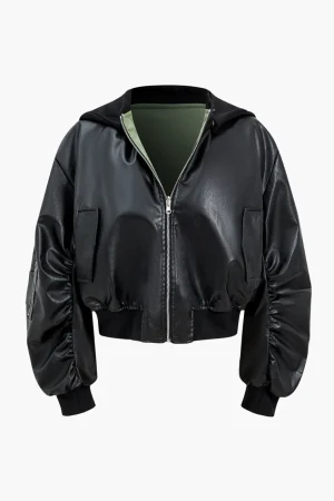 Faux Leather Zipper Hooded Pocket Long-Sleeve Jacket>MICAS Discount