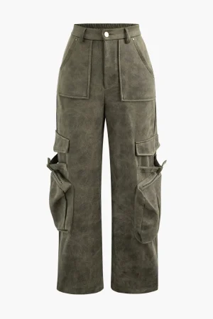 Faux Suede Multi Pocket Straight Leg Cargo Pants>MICAS Best