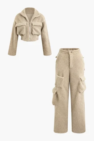 Fleece Collar Flap Pocket Zip Up Long Sleeve Top And Straight Leg Cargo Pants Set>MICAS Fashion