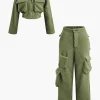 Fleece Collar Flap Pocket Zip Up Long Sleeve Top And Straight Leg Cargo Pants Set>MICAS Fashion
