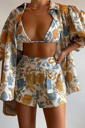 Floral Bra Top And Pocket Shorts And Shirt 3PC Set>MICAS Hot