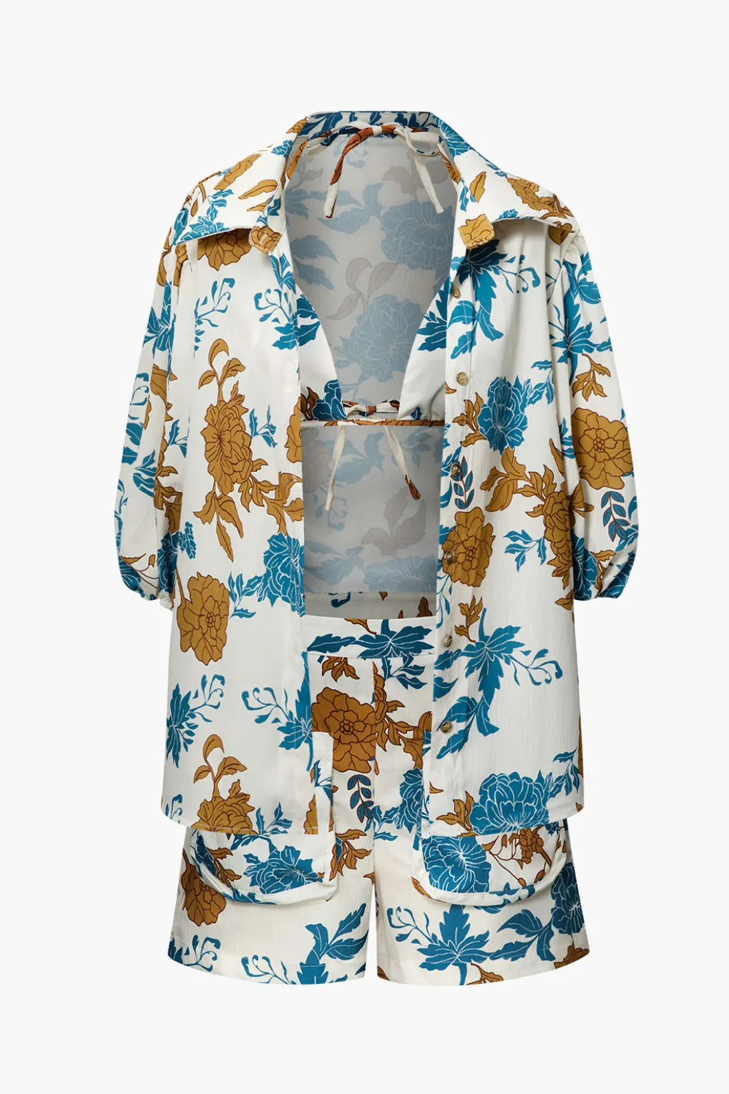 Floral Bra Top And Pocket Shorts And Shirt 3PC Set>MICAS Hot