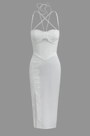 Floral Embroider Lace Crossed Backless Bustier Midi Dress>MICAS Sale