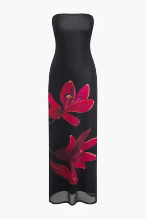 Floral Print Backless Tie Mesh Strapless Maxi Dress>MICAS Outlet