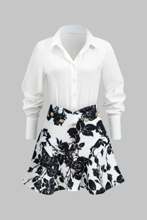 Floral Print Buttoned Long-Sleeve Shirt And Skirt Set>MICAS Online