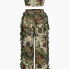 Floral Print Fringe Tie Back Tube Top And Button Pocket Trouser Set>MICAS New