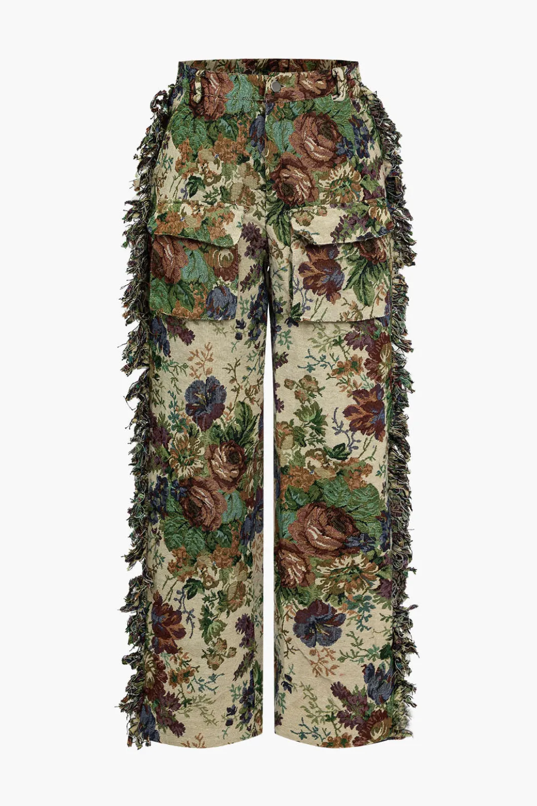 Floral Print Fringe Tie Back Tube Top And Button Pocket Trouser Set>MICAS New