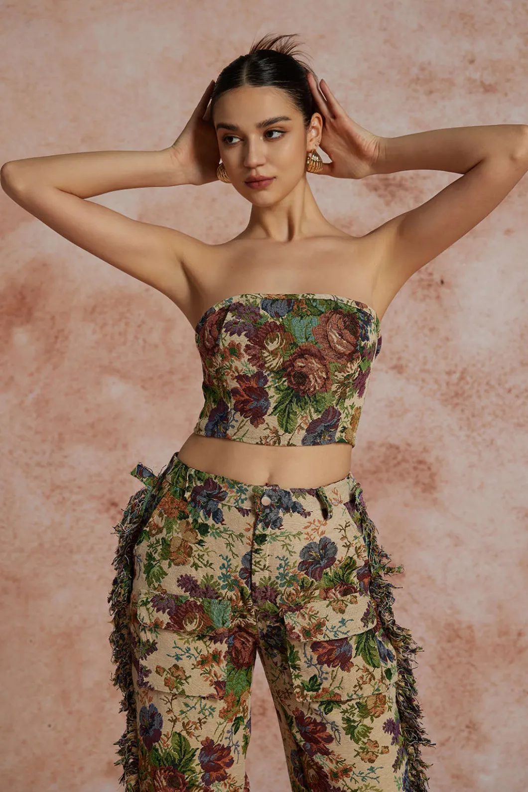 Floral Print Fringe Tie Back Tube Top And Button Pocket Trouser Set>MICAS New