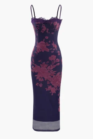 Floral Print Lace Trim Slit Maxi Dress>MICAS Sale