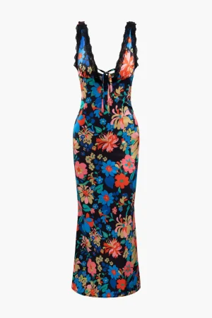 Floral Print Lace Trim V-neck Maxi Dress>MICAS Best