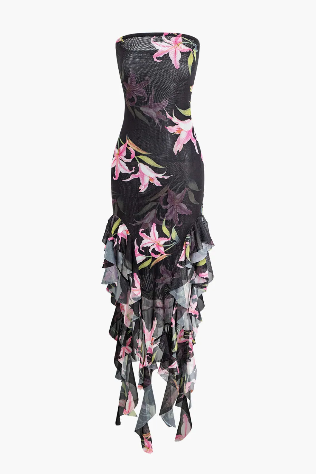 Floral Print Mesh Ruffle Layered Strapless Midi Dress>MICAS Discount