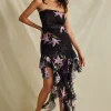 Floral Print Mesh Ruffle Layered Strapless Midi Dress>MICAS Discount