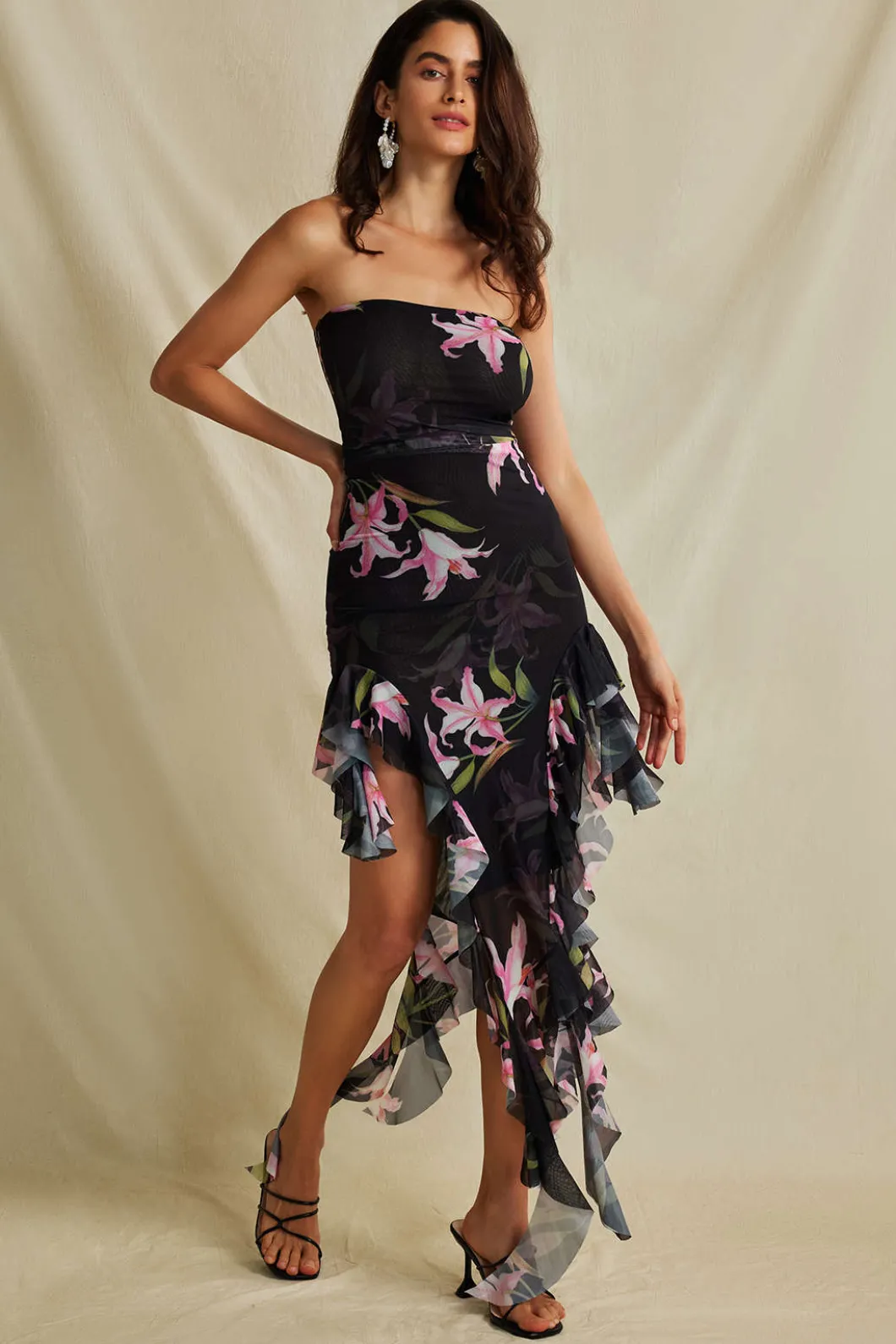 Floral Print Mesh Ruffle Layered Strapless Midi Dress>MICAS Discount