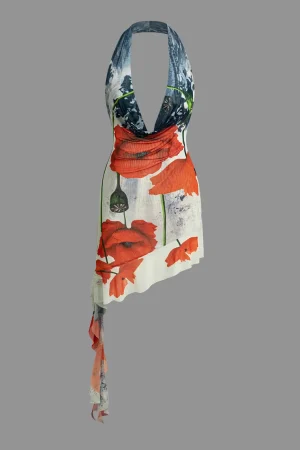 Floral Print Ruffle Backless V-neck Halter Mini Dress>MICAS Clearance