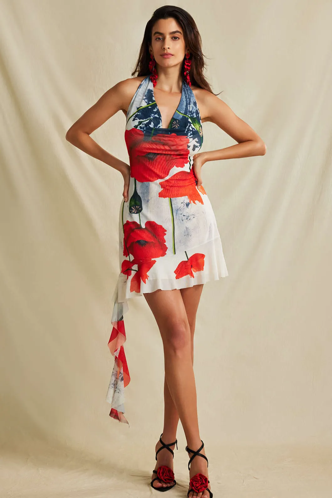 Floral Print Ruffle Backless V-neck Halter Mini Dress>MICAS Clearance