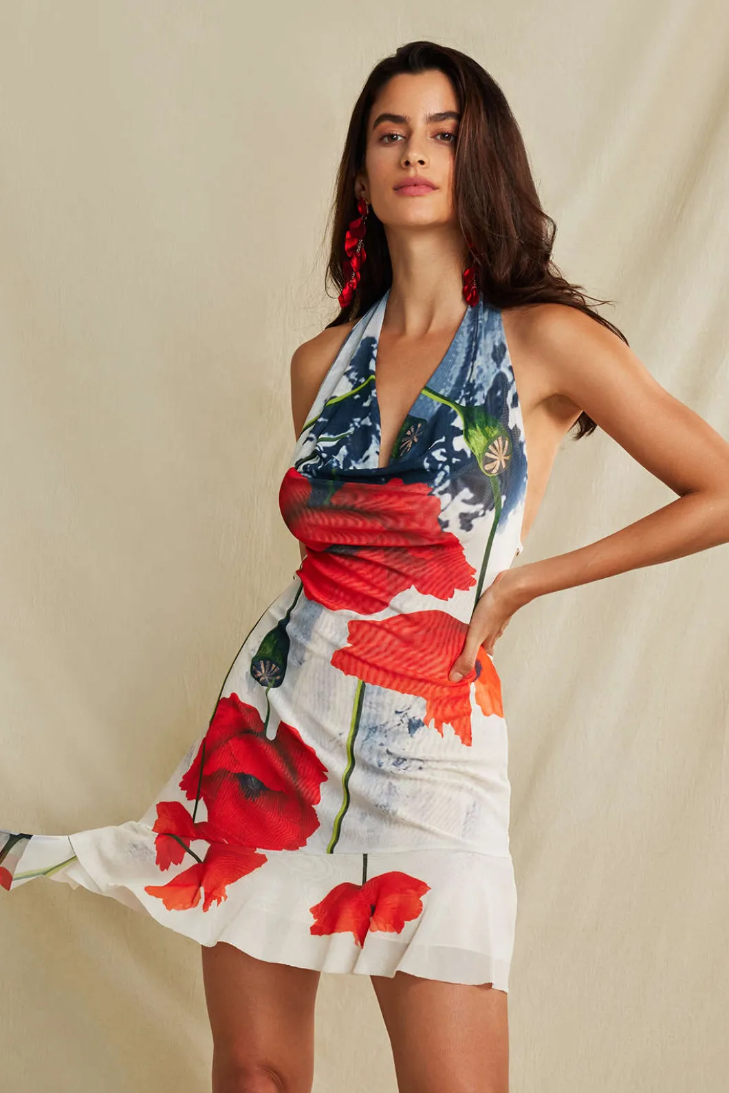 Floral Print Ruffle Backless V-neck Halter Mini Dress>MICAS Clearance