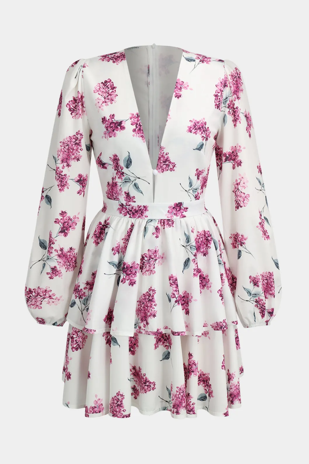 Floral Print Ruffle V-Neck Long Sleeve Mini Dress>MICAS New