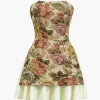 Floral Print Strapless Patchwork Slit Mini Dress>MICAS Best