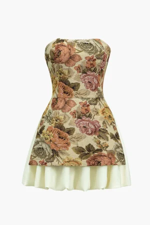 Floral Print Strapless Patchwork Slit Mini Dress>MICAS Best
