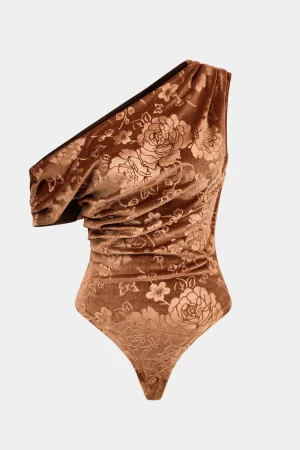 Floral Print Velvet Asymmetrical Bodysuit>MICAS Outlet