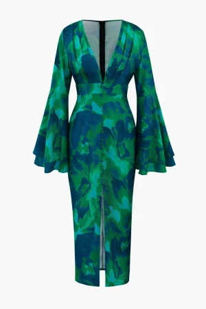 Floral Print V-neck Slit Maxi Dress>MICAS New