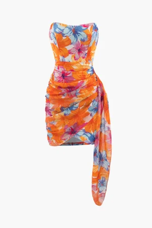Floral Print Wrap Ruched Strapless Mini Dress>MICAS Best