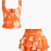 Floral Print Zip-Up Top And Ruffle Skirt Set>MICAS Hot