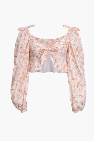 Floral Puff Sleeve Tie Front Blouse>MICAS Sale