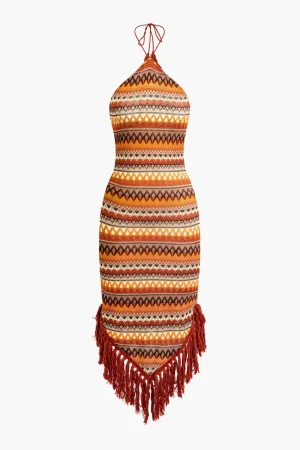 Fringe and Colorful Pattern Bohemian Halter Midi Dress>MICAS Sale