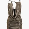 Fringe Cowl Neck Asymmetrical Mini Dress>MICAS Fashion